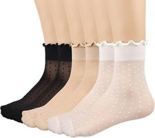 12 Pairs Women's Sheer Ruffle Socks White Stocking Summer Ultra Thin Cool Sil...