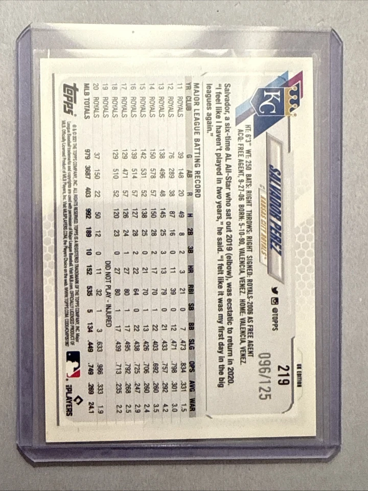 SALVADOR PEREZ 2021 Topps UK Edition Baseball Card Royals BLACK #096/125 - Image 2 of 2