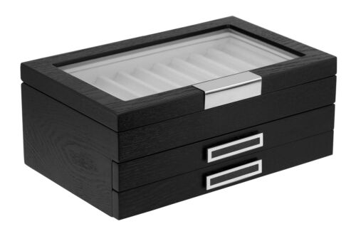 30 Piece Black Ebony Wood Three Level Pen Display Case with Glass Window - Picture 3 of 6