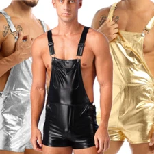 Men's Metallic Bib Overall Suspender Shorts Bodysuit Underwear Fancy Dress