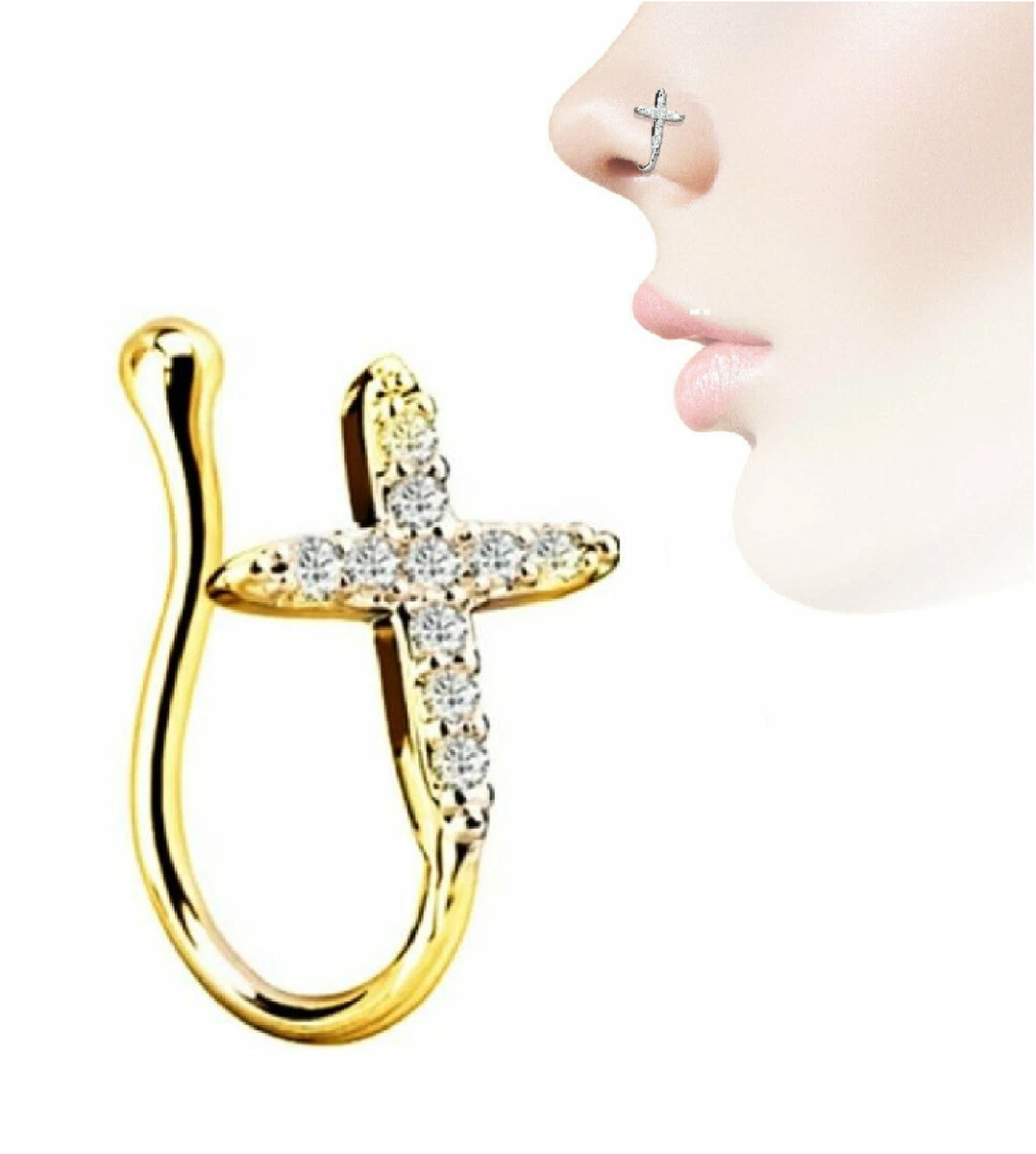 7MM Cross Paved CZ Nose Hoop Ring No Piercing Clip On Multi Clear CZ