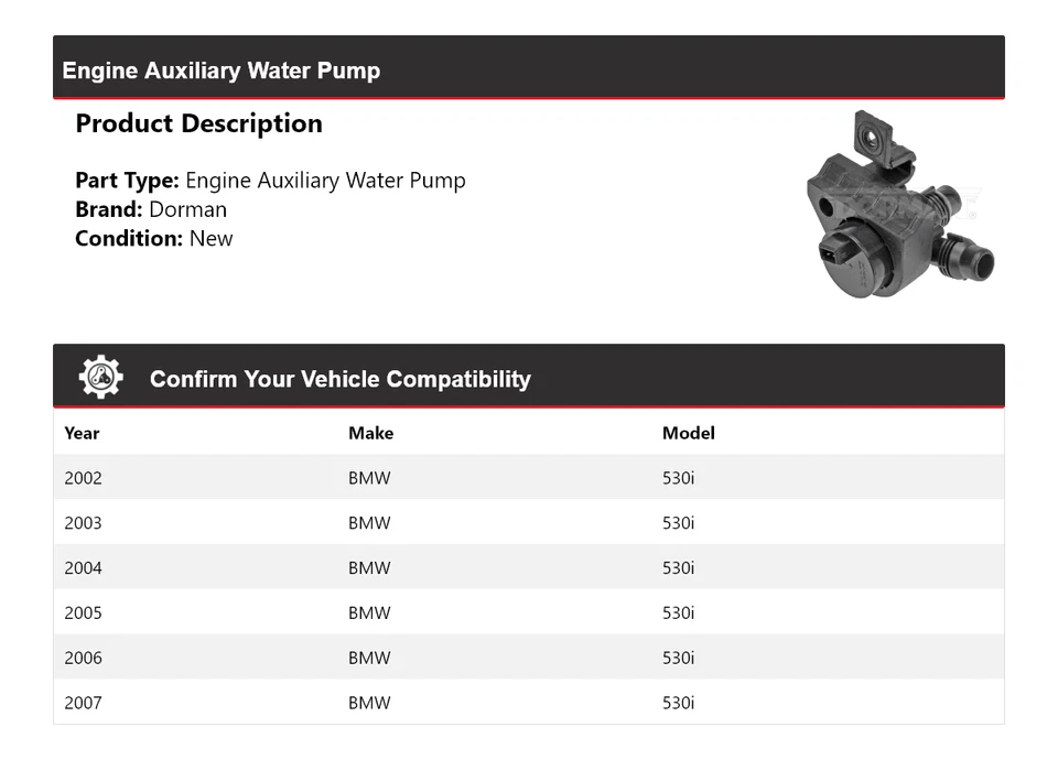Bomba de água auxiliar motor BMW 530i Dorman 2002-2007 2003 2004 2005 2006 - Imagem 2 de 4