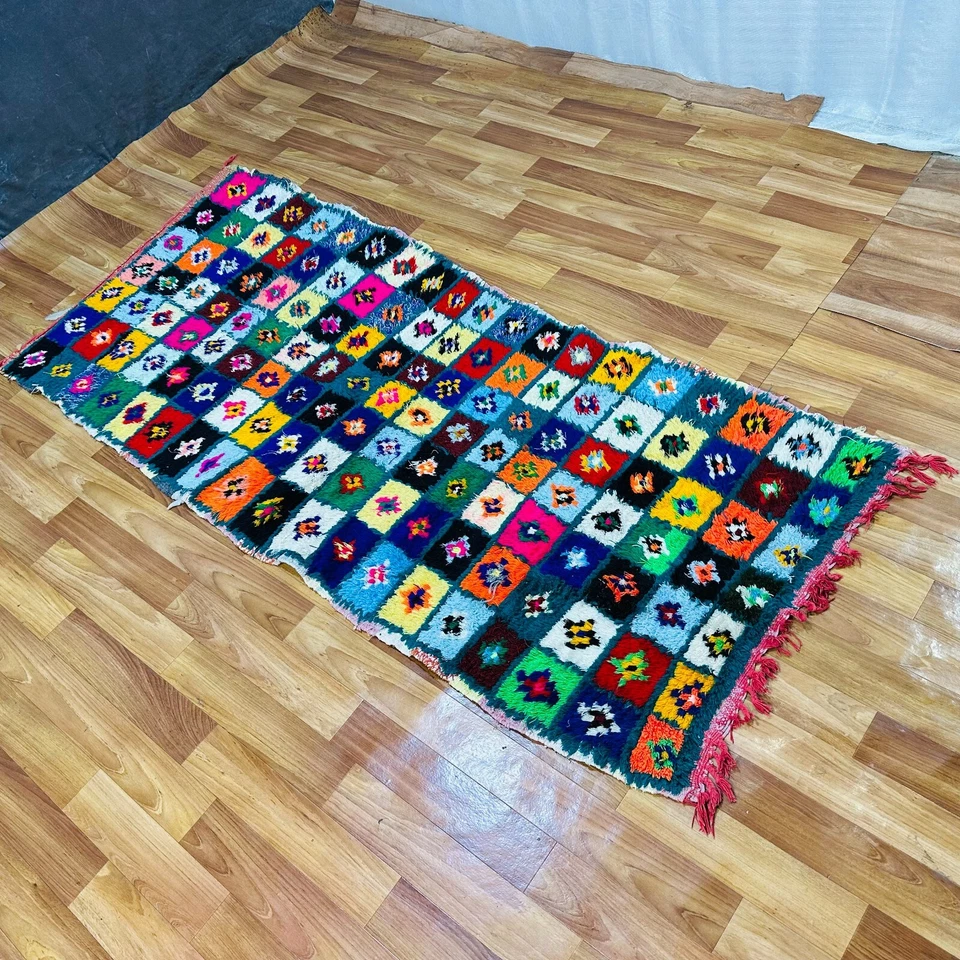 Alfombra colorida marroquí a cuadros hecha a mano de lana bereber boho alfombra tribal Foto 3 de 4