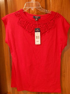 NWT Chaps Red Cap Sleeve Crochet Yoke Top, Petite Medium 100% Cotton $45