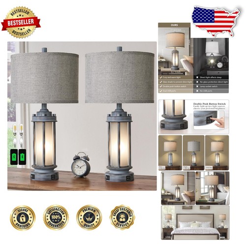 Antique Green Glass Table Lamps (Set of 2) with Dual USB Charging Ports