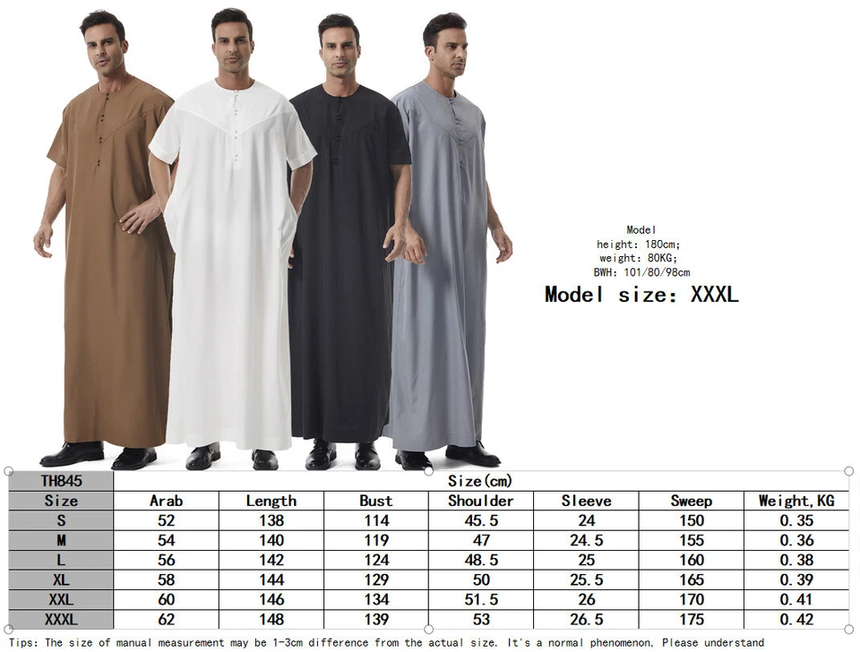 Accappatoio arabo uomo saudita Thobe Jubba Dishdasha uomo musulmano manica corta caftano Thoub - Immagine 2 di 4