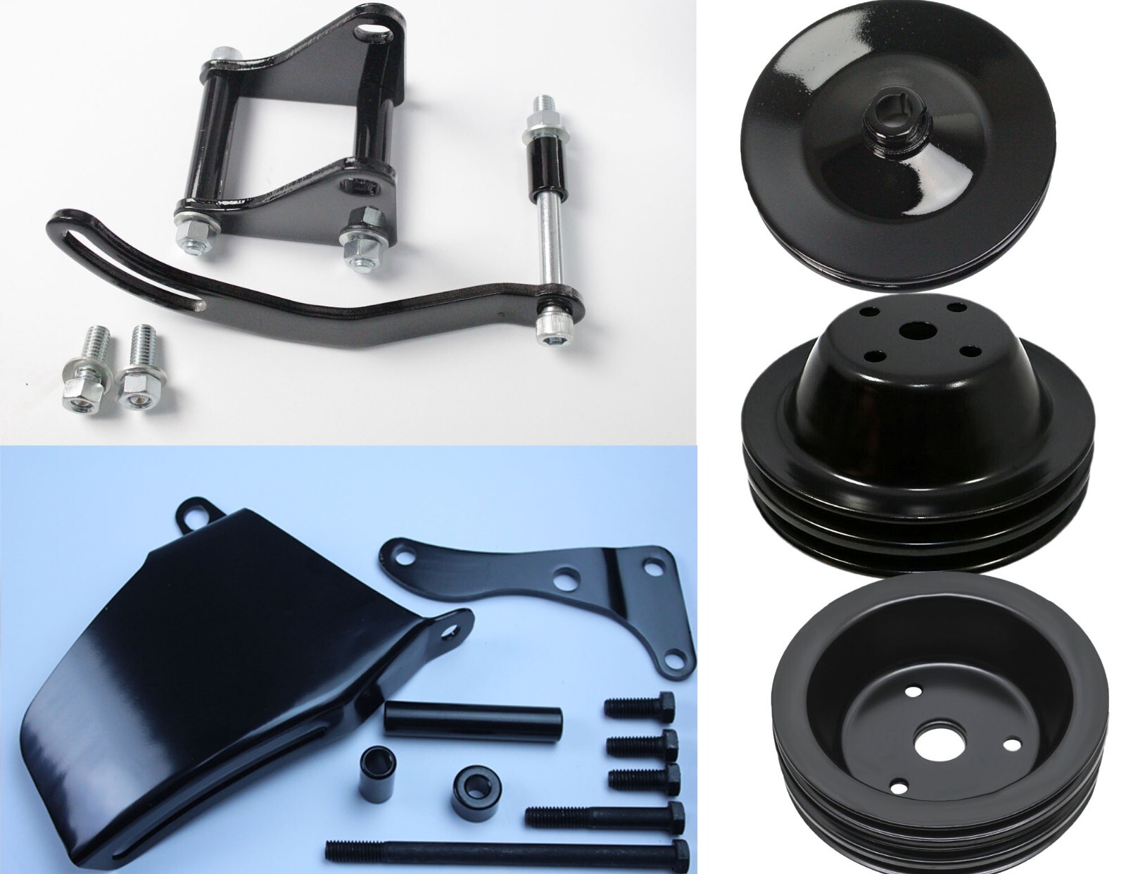 Complete SB Chevy 327 350 Black Steel V-Belt 2 Groove Long Water Pump Pulley Kit