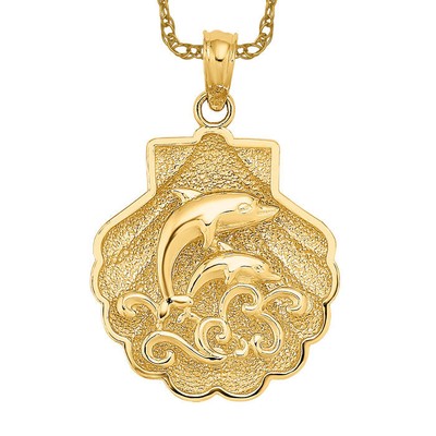 14K Solid Yellow Gold Dolphin Waves Shell Necklace