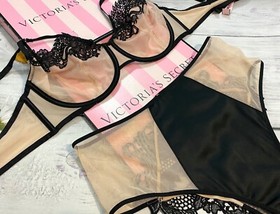 Victoria's Secret Luxe Lingerie Unlined Dragon Lace Balconette Bra Set Highwaist