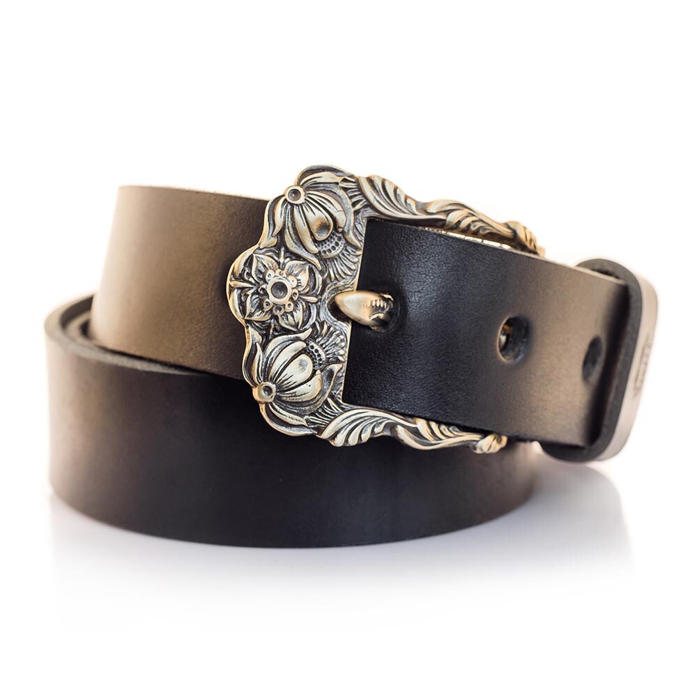 Leather belt with brass buckle Buds, Pin type, Ukrainian floral ornamental belt-image