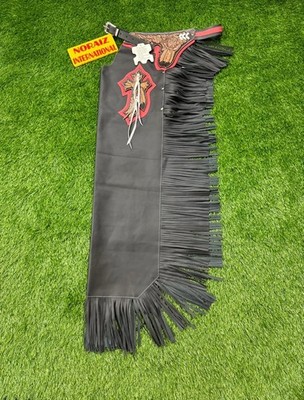 Men s Black Leather Bull Riding Chaps Western Cowboy Fringe Rodeo Gear