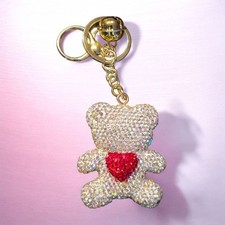 Rhinestone Teddy Bear Bag Charm Keychain Crystal Bear Purse Charm Gold Tone