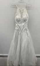 Vintage 90s White Ivory Lace Bodice Tulle A-Line Wedding Dress Gown Womens 10