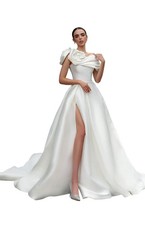 Zeeyecie Off the Shoulder Satin Wedding Dresses A-Line Bridal with Train