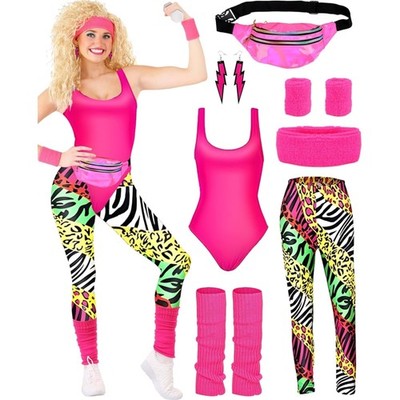 80s Damen Set Retro Fitness Kostüm 80s 90s Style - Leggings Stirnband Ohrringe