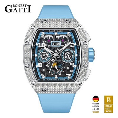 BONEST GATTI Men's Blue Tonneau Sapphire Chronograph Automatic Mechanical Watch