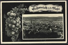 AK Schweich a. d. Mosel, Teilansicht mit Kirche, Weintrauben, Passepartout 1937 