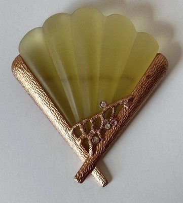 Vintage Monet Brooch Fan Frosted Lucite Green Translucent Rare Book Piece