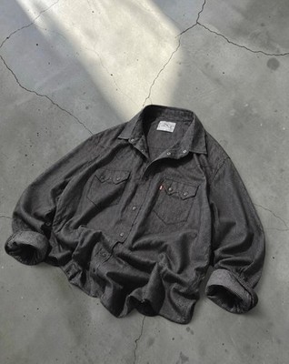 Vintage Levi s Barstow Western Snap Button Shirt Grey Striped Chambray Sawtooth 