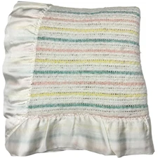 Vtg Chatham White Acrylic Pink Blue Yellow Lines Satin Trim Baby Blanket Soft