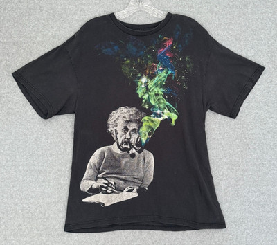 Albert Einstein Smoking Pipe Colorful Cosmic Smoke Graphic T-Shirt Black Medium