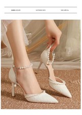 Pearl Strap Lace Stiletto Heels  Plus Size Closed Toe Wedding Sandals