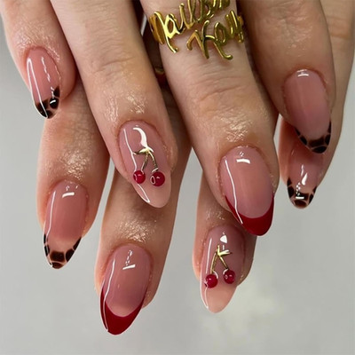 Medium Almond Press-On Nails - 3D Cherry, Gold Branch & Leopard Design, 24PCS