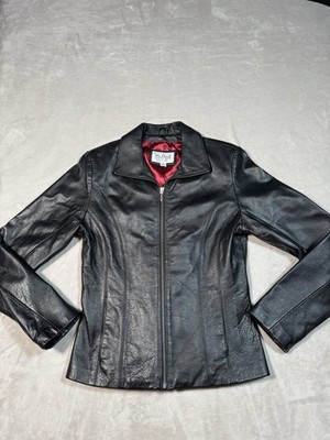 Wilsons Leather Maxima 90 s Womens Black Leather Collared Zip Jacket-Size S