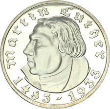 Drittes Reich 5 Reichsmark 1933 A Martin Luther Silber min. berührte PP J 353
