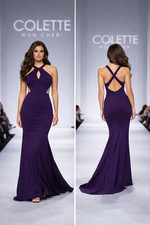 Colette Strapless Purple Evening Gown Jersey Maxi Dress Open Back sz 6