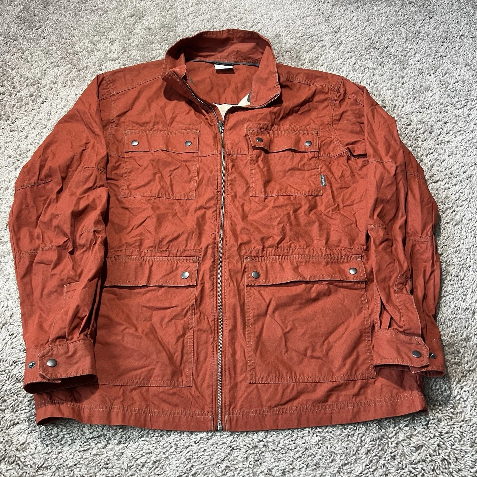 Columbia Mens Orange Utility Jacket Full Zip Canvas Mens Large Hunting Fish