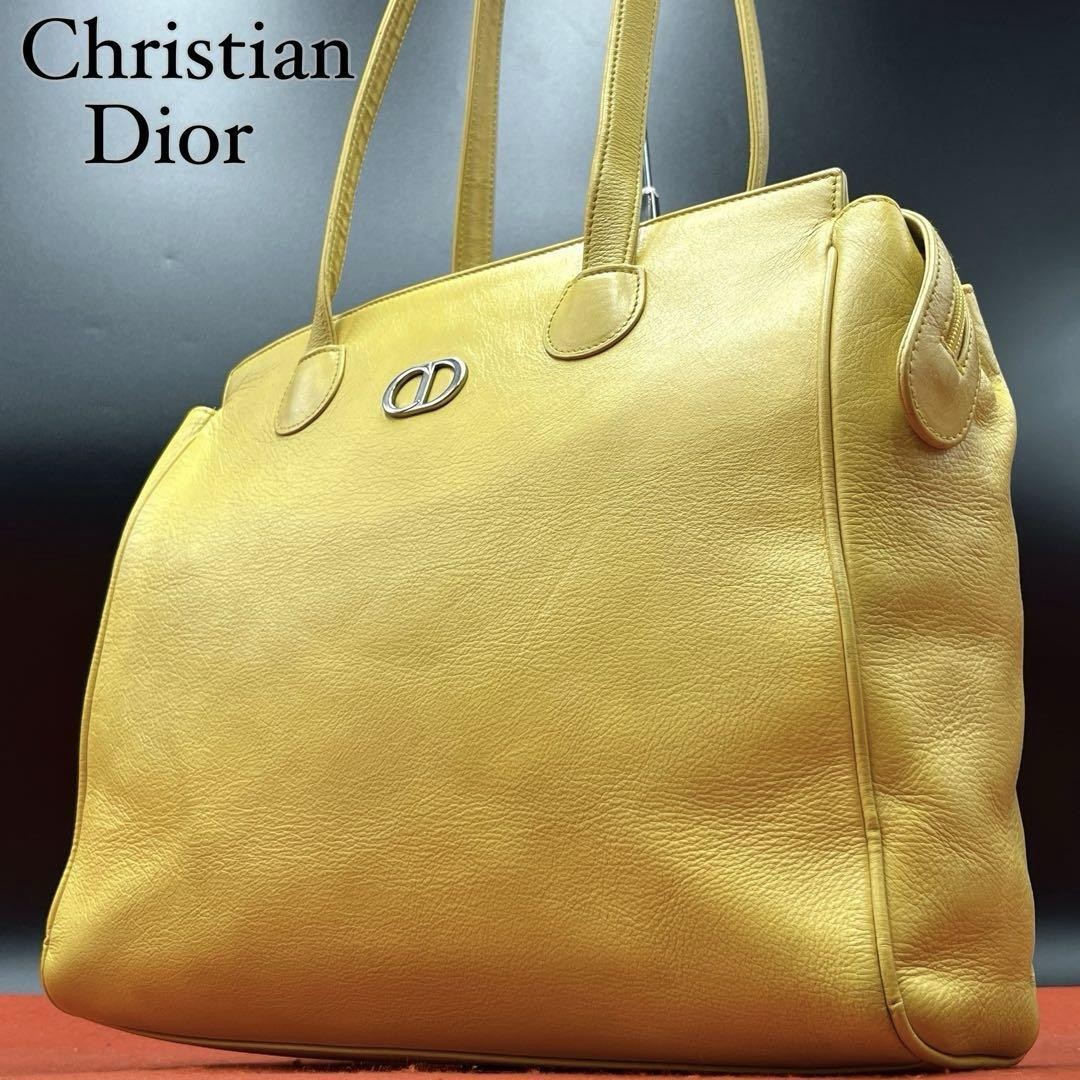 Christian Dior CD Logo Yellow Leather Tote Shoulder Bag