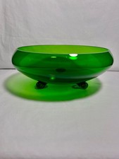 Vintage MCM Green Footed Glass Bowl Console Or Centerpiece