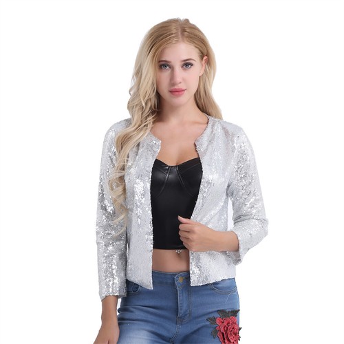 Damen Glänzende Pailletten Jacken Mäntel Langarm Vorne offen Blazer Cardigan Oberteil - Bild 12 von 33