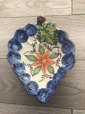 Portugal Handpainted Trinket Dish Artist Signed Vibrant Grape Floral Motif