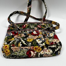 Vera Bradley Purse Multicolor On Black Bag 9x12 2 Handles Zip Top 6 Pockets VTG