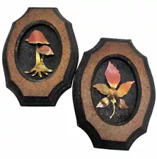 MCM 2 Cork Plaques Wall Decor Mushrooms Fall Leaf Brass & Copper Colored Metal 