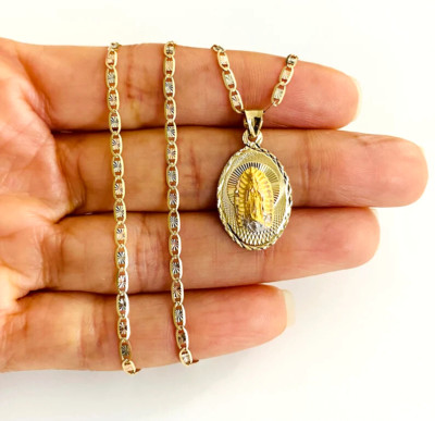 14K Solid Gold Virgin Mary Guadalupe Pendant Necklace - 18'' Chain-3T Gold- PT330