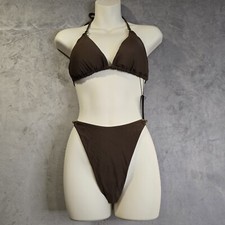 2 Piece Bikini Set Swimsuit Size Large Brown Triangle Spaghetti Strap Cheeky