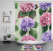 Summer Botanical Green Leaf Pink Hydrangea Shower Curtain Set for Bathroom Decor