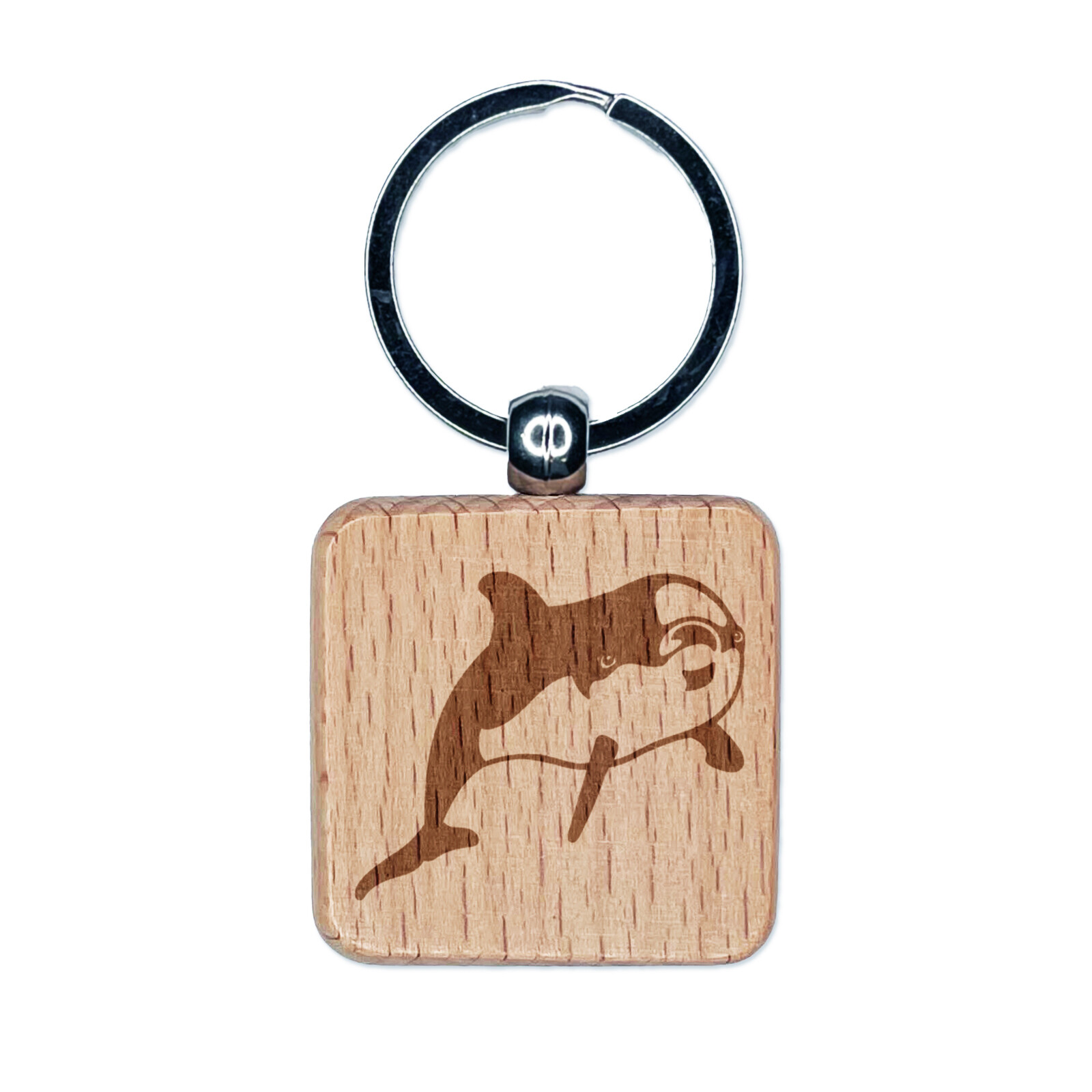Curious Dolphin Engraved Wood Square Keychain Tag Charm