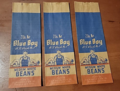 Lot of 3: 1940s Blue Boy Medium White Bean Bags. Oakfield, NY. Unused