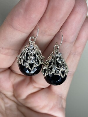 Genuine Faceted Black Jade & White Topaz Filigree Cap 925 Silver Earrings