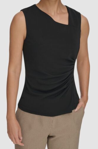 DKNY Women's Black Asymmetric-Neck Ruched Sleeveless Top Size XL