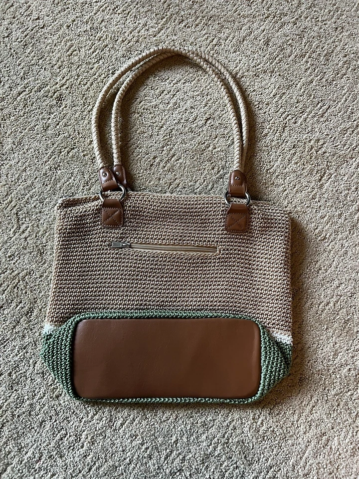 Croft & Barrow Crochet Hobo Bolso Cartera Bronceado, Verde con Marfil 12” Gota. Foto 3 de 4