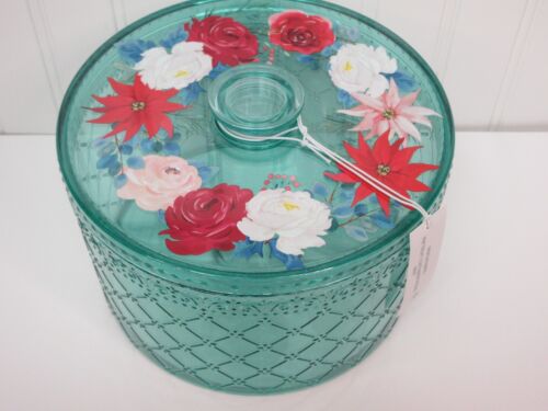 Pioneer Woman Wishful Winter Holiday Treat Container Round Green Mint Floral New - Picture 1 of 9