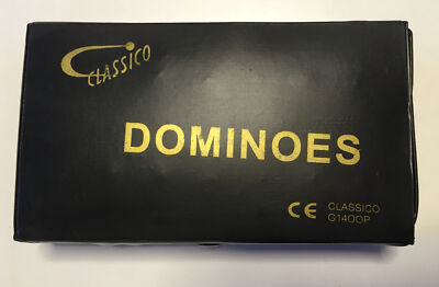 Vintage Classico Domino Set in einer schwarzen Vinylhülle fünfundfünfzig Teile.
