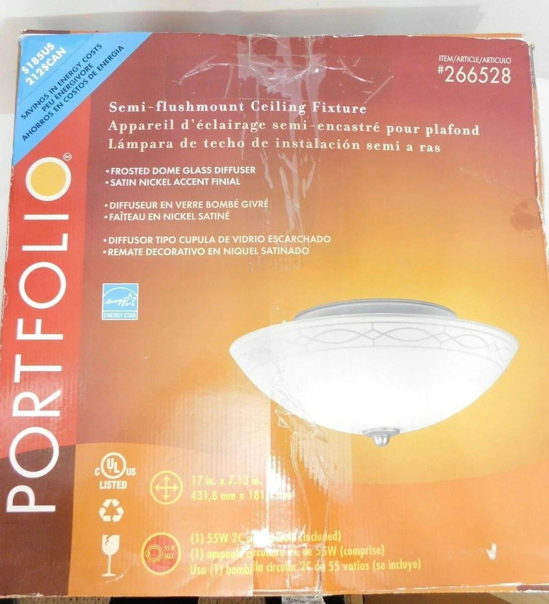 Portfolio 266528 Fluorescent Semi Flush Mount Ceiling Light SATIN NICKEL