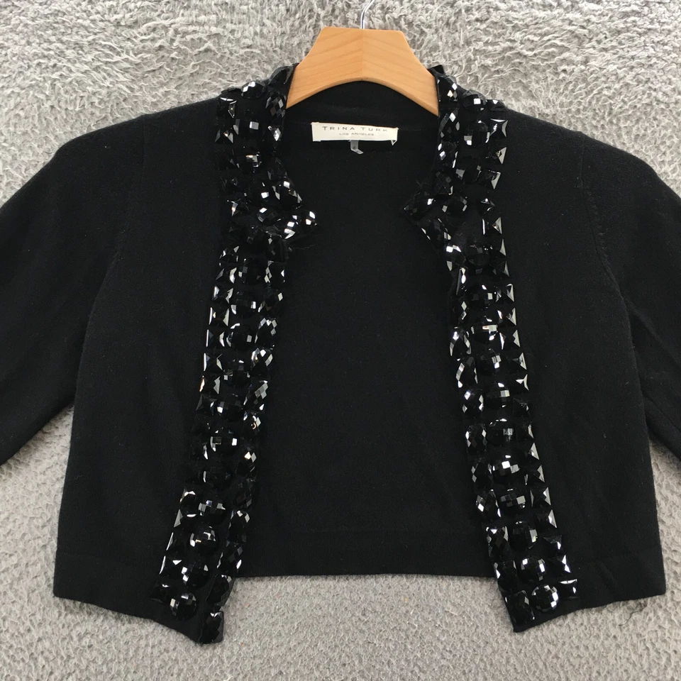 Trina Turk Open Cardigan Sweater Womens P Black Beaded Cropped Short Sleeve - Image 2 of 4