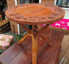 CARVED WOODEN SIDE TABLE VINTAGE FOLDING LEGS TEAK ORNATE ROUND TOP